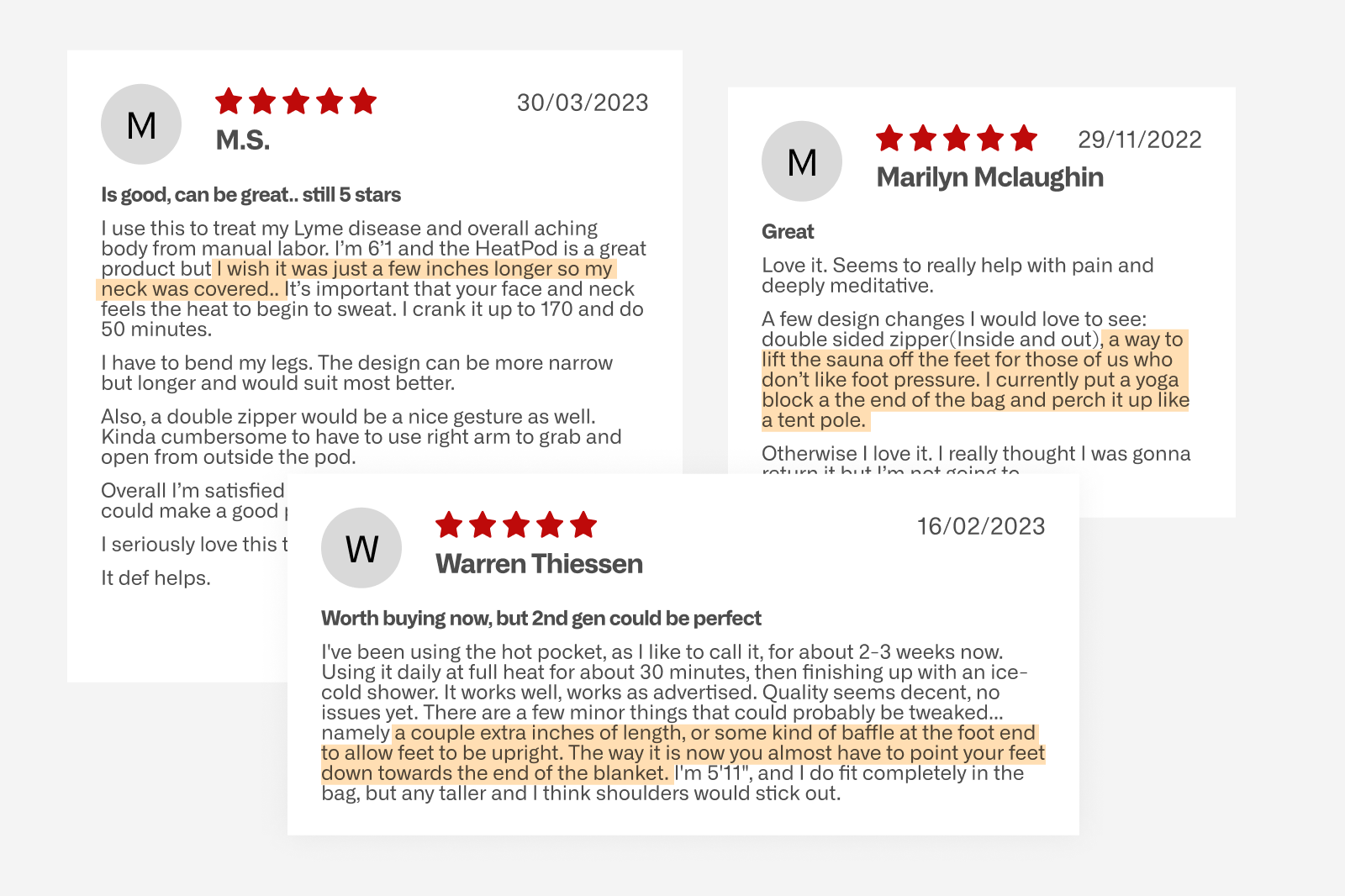 photo showing customer reviews of the HeatPod 1, with feedback we incorporated into the HeatPod 2’s design choices.